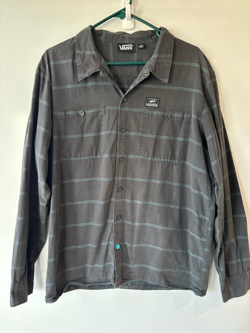 Vans Men's Charcoal Gray Button-Up Shirt Jacket with Light Blue Stripes